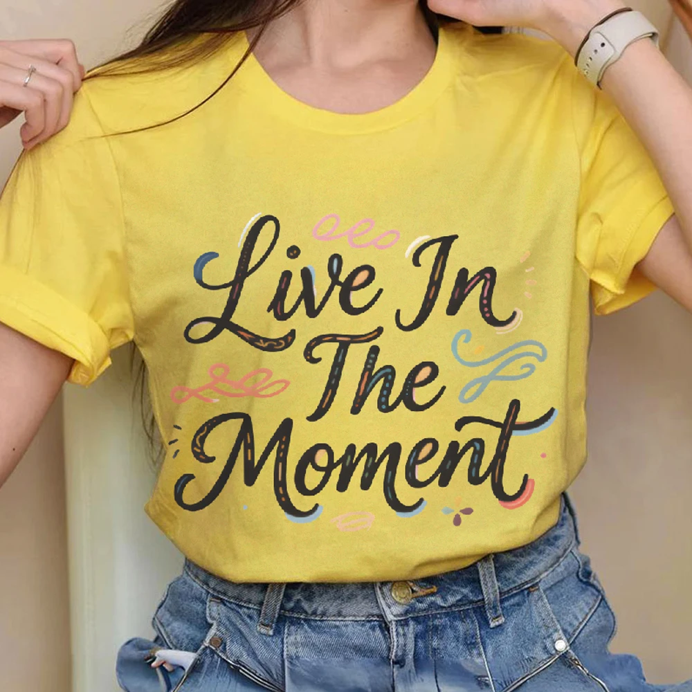 

Live In The Moment Y2K Women‘s Clothes Cotton Casual T-Shirt Crew Neck Graphic Tees Street Wear Colorful Cute Cartoon