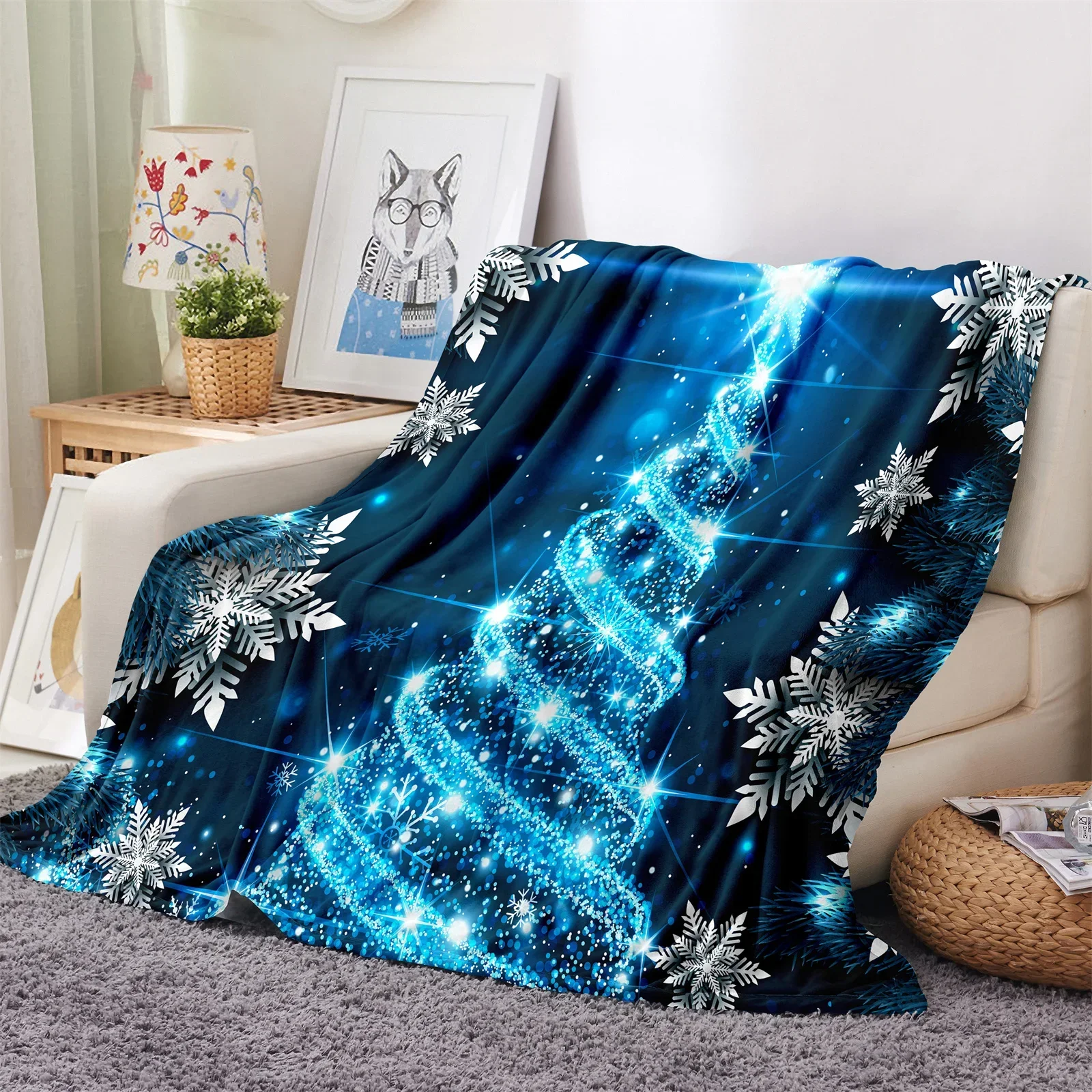 Blue Snow Santa Claus Red Happy New Year Marry Christmas Soft Warm Polyester Throw Flannel Blanket for Couch Bed Travel Cover