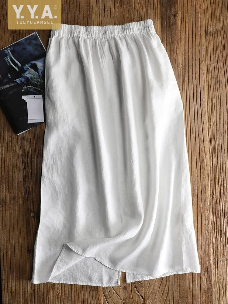 Vintage Casual Women Summer 100% Linen Solid Color Ankle Length Straight Long Skirt High Waist Comfortable Fashion Ladies Skirts