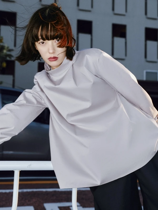 

Zhechee Casual Long Sve Women's irt f High Collar Cotton Comfortable Warm Loose Fit Classic Sle Color Crew Ne