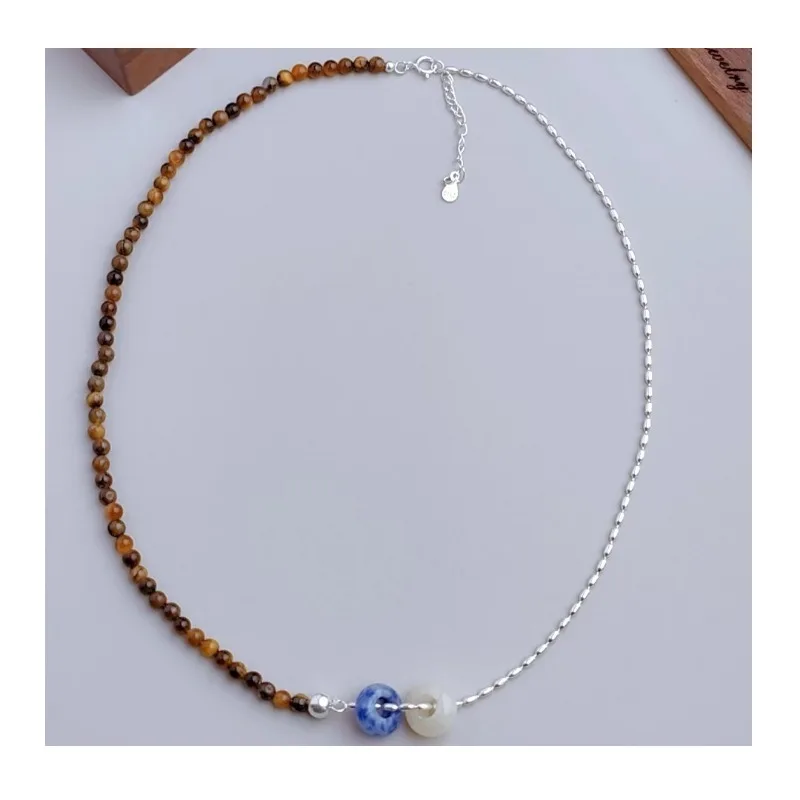 Natural Tiger's Eye Contrast Pendant Necklace Jewelry Women's Splicing Removable Clavicle Chain Necklace Jewelry