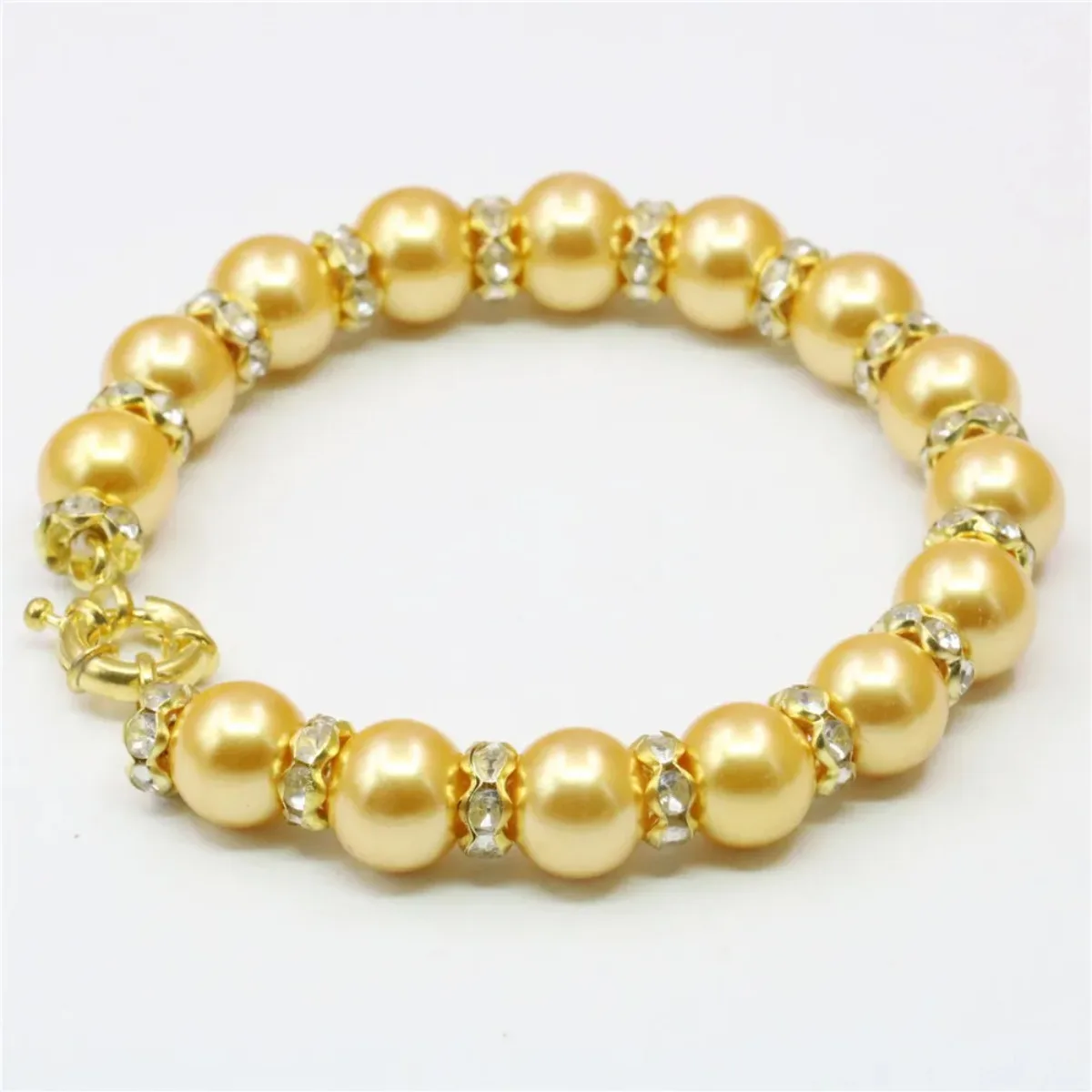 DIY 10mm Round Gold-Color South Sea Shell Pearl Crystal Bracelet Women Girls Jewelry Making Design Beads 7.5inch Wholesale