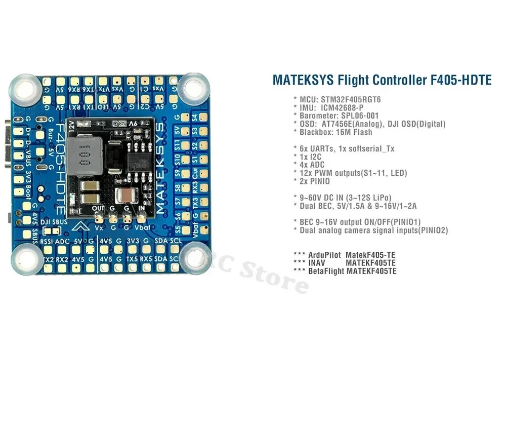 

MATEK F405-HDTE F4 Flight Controller STM32F405 Built-in Dual BEC OSD Blackbox 3~12S LiPo 30X30mm for FPV Drone instead F722-HD