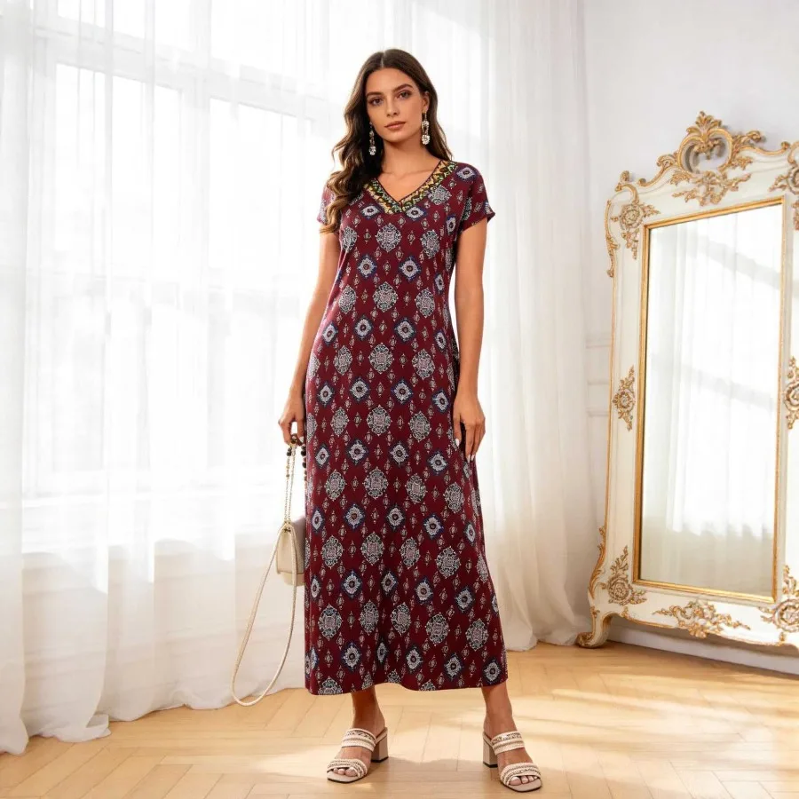 

【New style】European and American retro national style printed V-neck short-sleeved long dress summer casual straight dress
