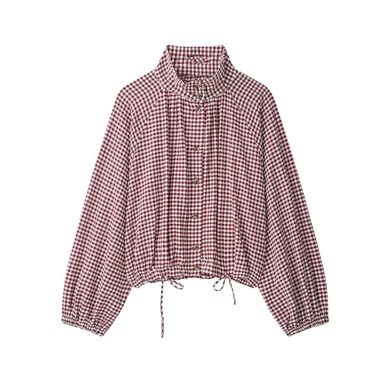 2026 Neue Damen Kurzarm-Bluse mit Langen Ärmeln, Stilvolle Karierte Freizeitbluse für Herbst und Frühling, Elegante Oberteile mit Stehkragen und Knöpfen – Detail 2
