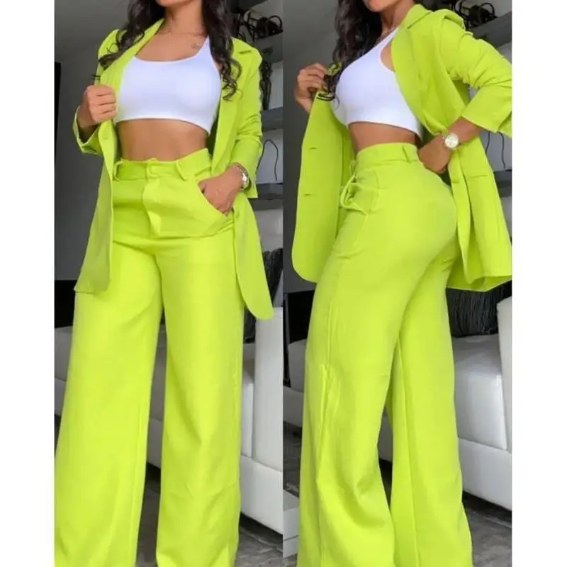 

Ele Pure Color Split Sve Turn-down Collar Suit Casual Sport Suit Autumn Seven-quarter Sve ort Pants