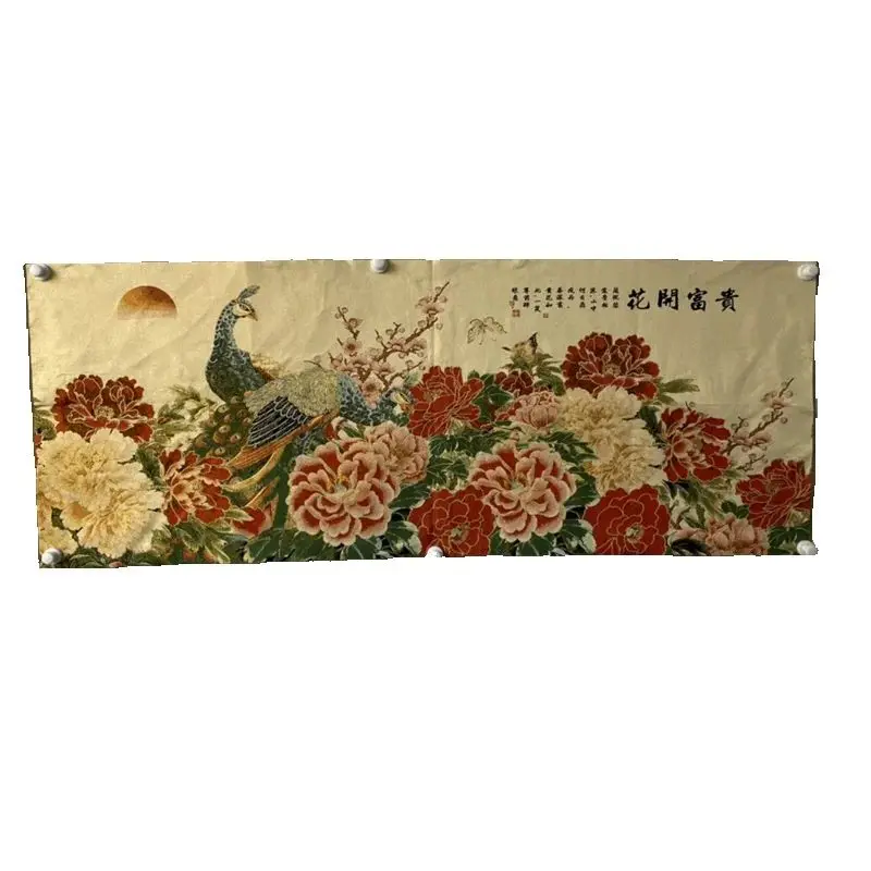 Chinese Old Color Brocade Embroidery 'Peacock And Peony' Flower-and-Bird Wall Painting Decorative Home Artwork