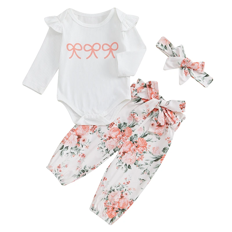 

Baby Girl Fall Outfit Bow Ruffle Long Sleeve Romper Floral Long Pants Bow Headband Belt 4 Pcs Set