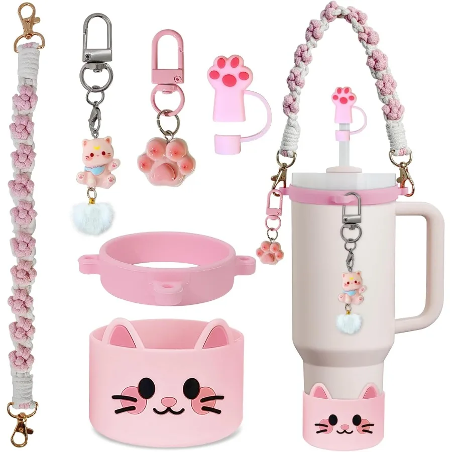 

6 шт., набор аксессуаров для чашек с милым котом для чашки, 30 унций, 40 унций, в комплект входит соломенный топпер, силиконовый чехол для бутылки с водой, ремешок с ручкой, подвески в виде кошки