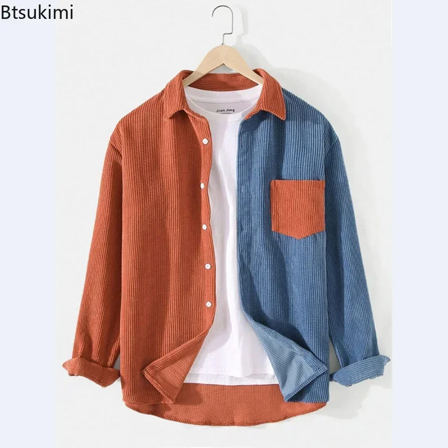 New 2025 Men's Patchwork Corduroy Long Sleeve Shirt Spring Autumn Casual Contrast Color Harajuku Shirt Men Ropa Hombre Camisa