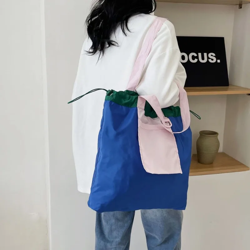 New Drawstring Patchwork Colour Large Capacity Shopping Canvas Bag Hundred Shoulder Bag Casual Commuter Bag Waterproof