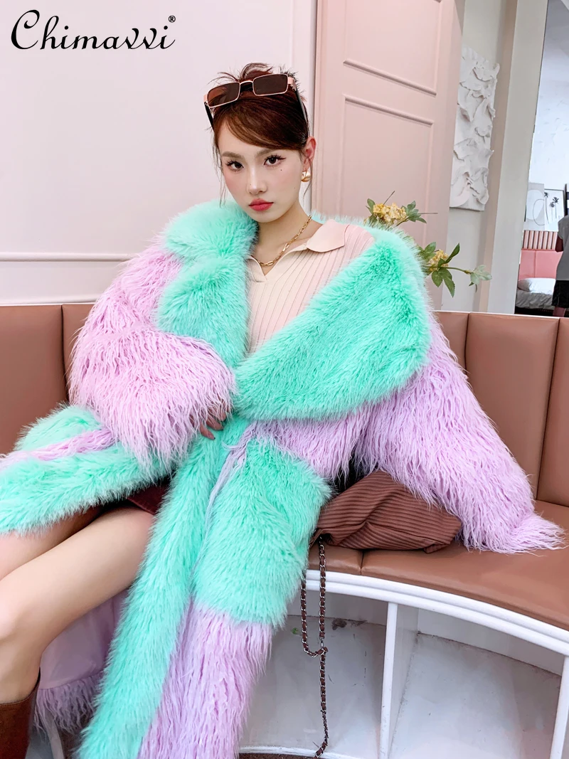 Cherry Blossom Light Green Environmental Fur High-End Fashion Loose Large Lapel Furry Coat Beach Wool Large Pocket Warm Coat