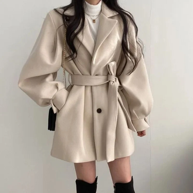 Women Woolen Coat Autumn Winter Elegant Korean Solid Thick Warm Mid Length Lapel Belt Jacket Office Lady Slim Trendy Outwear