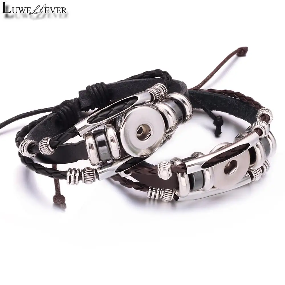 Adjustable Interchangeable 185 Real Leather Bangle Fit 18mm Snap Button Bracelet Charm Jewelry Women Men Gift