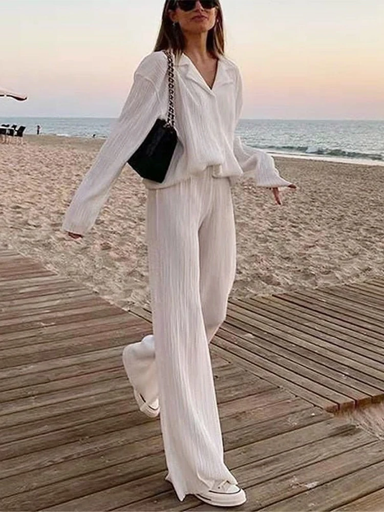 

Elegant High Waist Casual Women Suit Loose Wide Leg Pants Pleat V Neck Lapel Shirt Set Female Office Outfit Two Piece Sets 2025