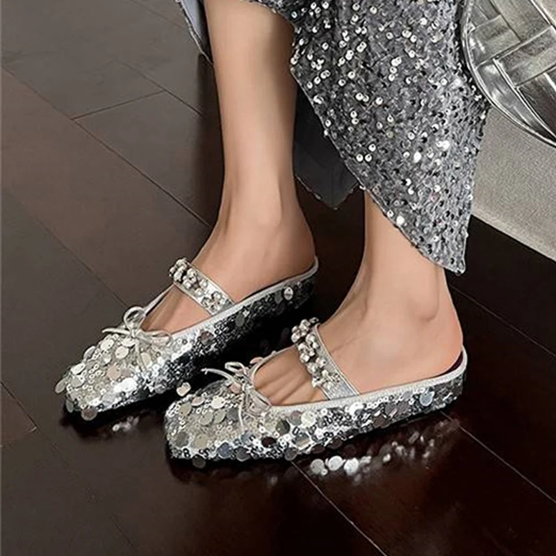 

Silver Mules Bling Women Casual Slippers Comfort Chunky Low Heels Summer Party Shoes Home Outdoor Daily Slides Sandals FE07