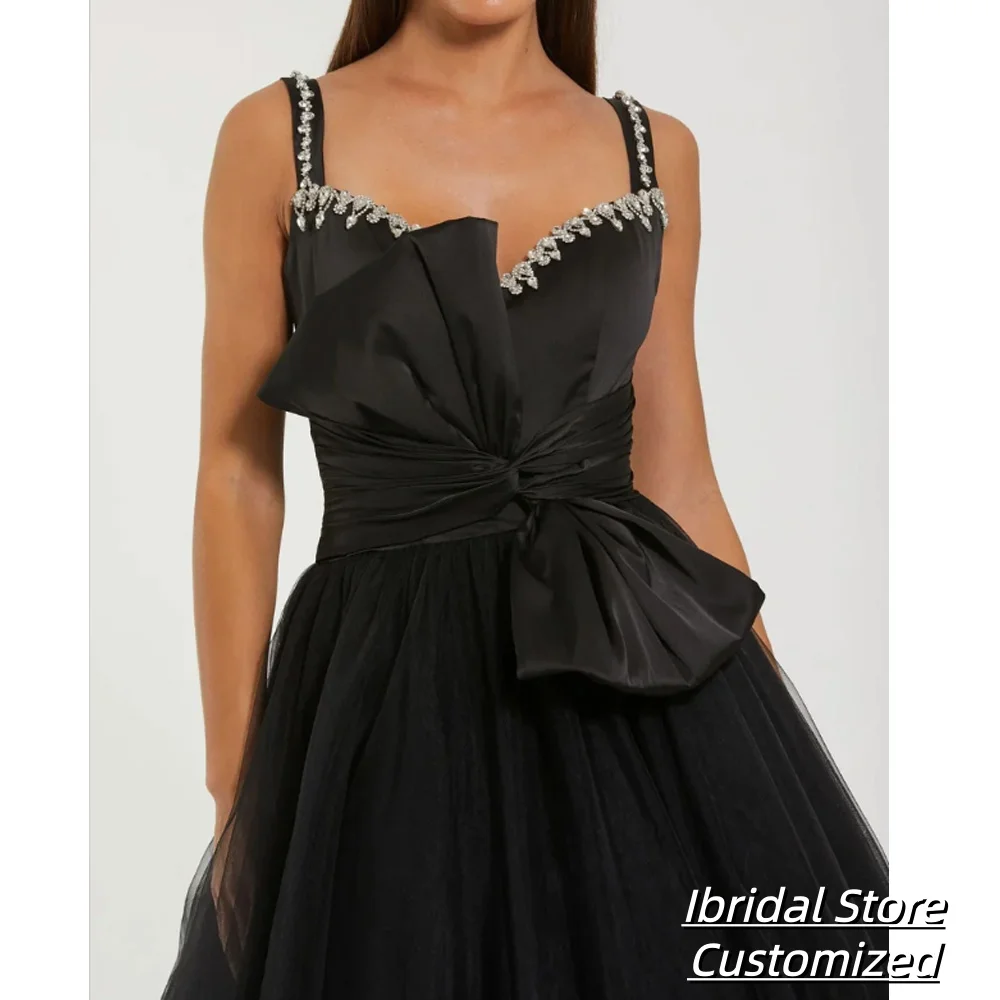 맞춤형 스파게티 스트랩 크리스탈 블랙 새틴 주름 드레스 이브닝 드레스 파티 프롬 가운 정장 드레스