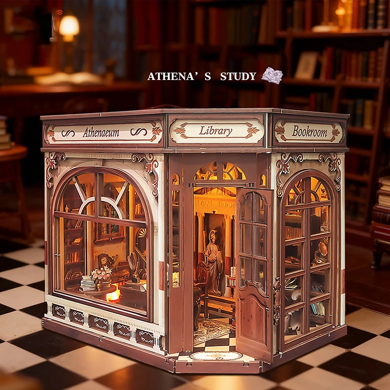 DIY Athena Study Wooden Dollhouse Miniature Furniture Kit 3D Retro Building Model  Assemble Toy Child Adult Christmas Gift Casa