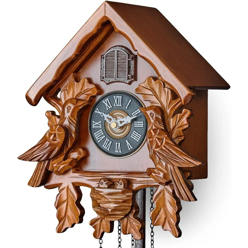 

Cuckoo Clock With Night Mode, Singing Bird, Wooden Decorations And Swinging Pendulum (Brown)