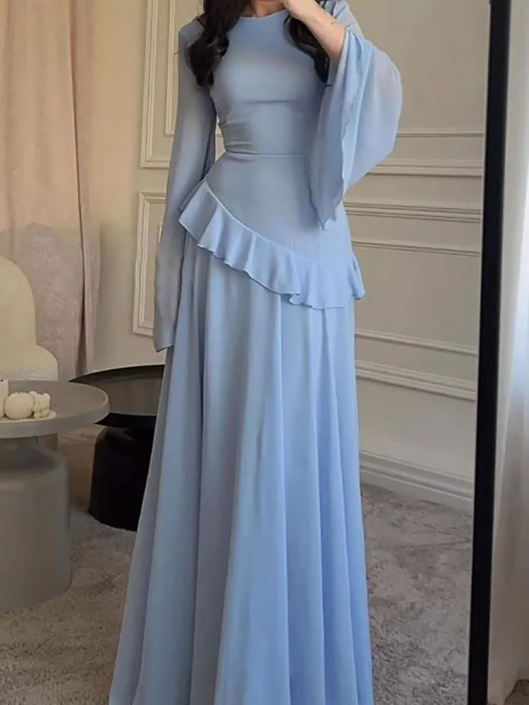 Spring Fashion Solid Ruffle A-Line Boho Dress French Elegant O Neck Slim Long Party Dress Women Flare Long Sleeve Autumn Dresses