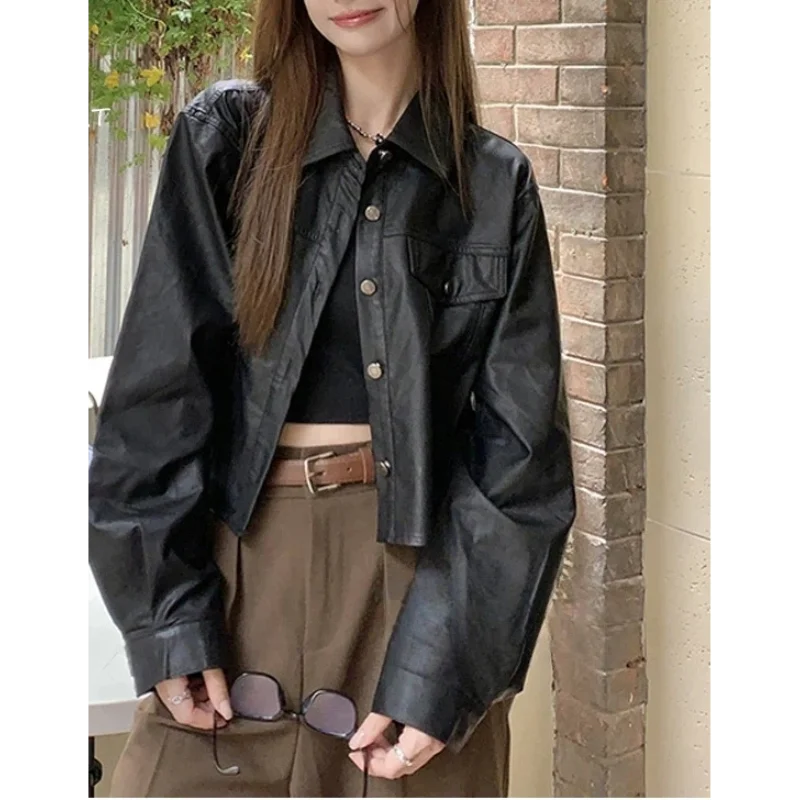 

Women's Leather Jacket Spring Autumn Korean Style New Fashion High End Short Loose Versatile Long Sleeve Biker Jacket