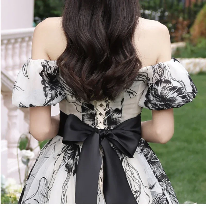 Customized French Fresh Slash Neck Puff Sleeve Vestidos Fashion Temperament Ink Print Ceremonial Robe Bow With Sashes Cascading