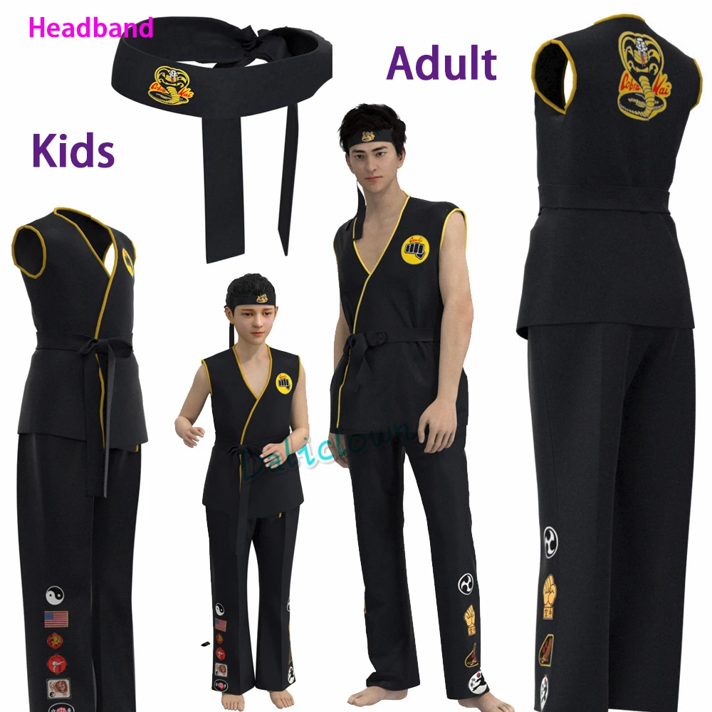 Disfraz de Karate para niño y adulto, traje de Cosplay con diadema de Cobra Kai, el Karate, Daniel LaRusso, Johnny Kennedy, color negro