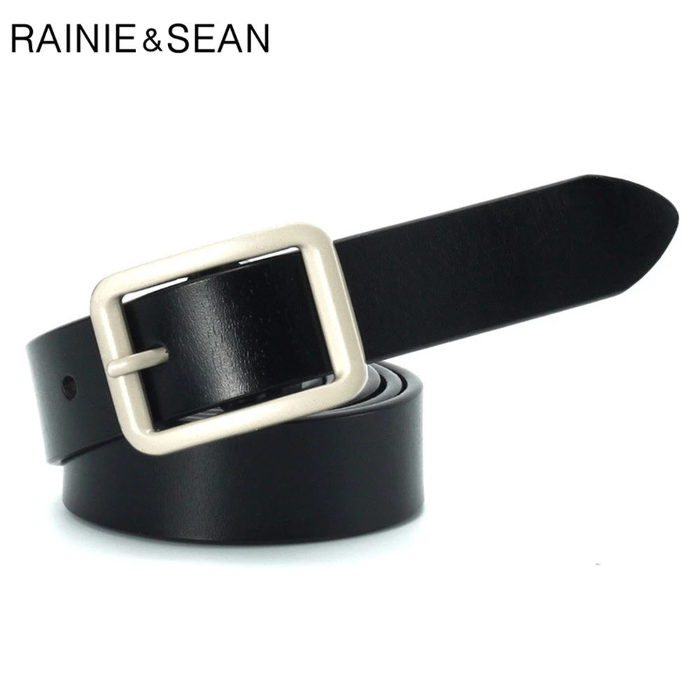 

RAINIE SEAN Black Vintage Belt Woman Real Cow Leather Belt Pin Buckle Square Female Casual Fashion Ladies Trouser Belt for Jeans