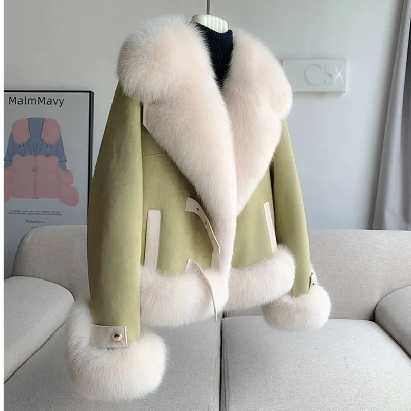 Fashion Imitation Fox Fur Grass Coat Women's Short Furry Coat Woolen Collar Thicke Warm Coats Winter Fur Coat Pink Outwear