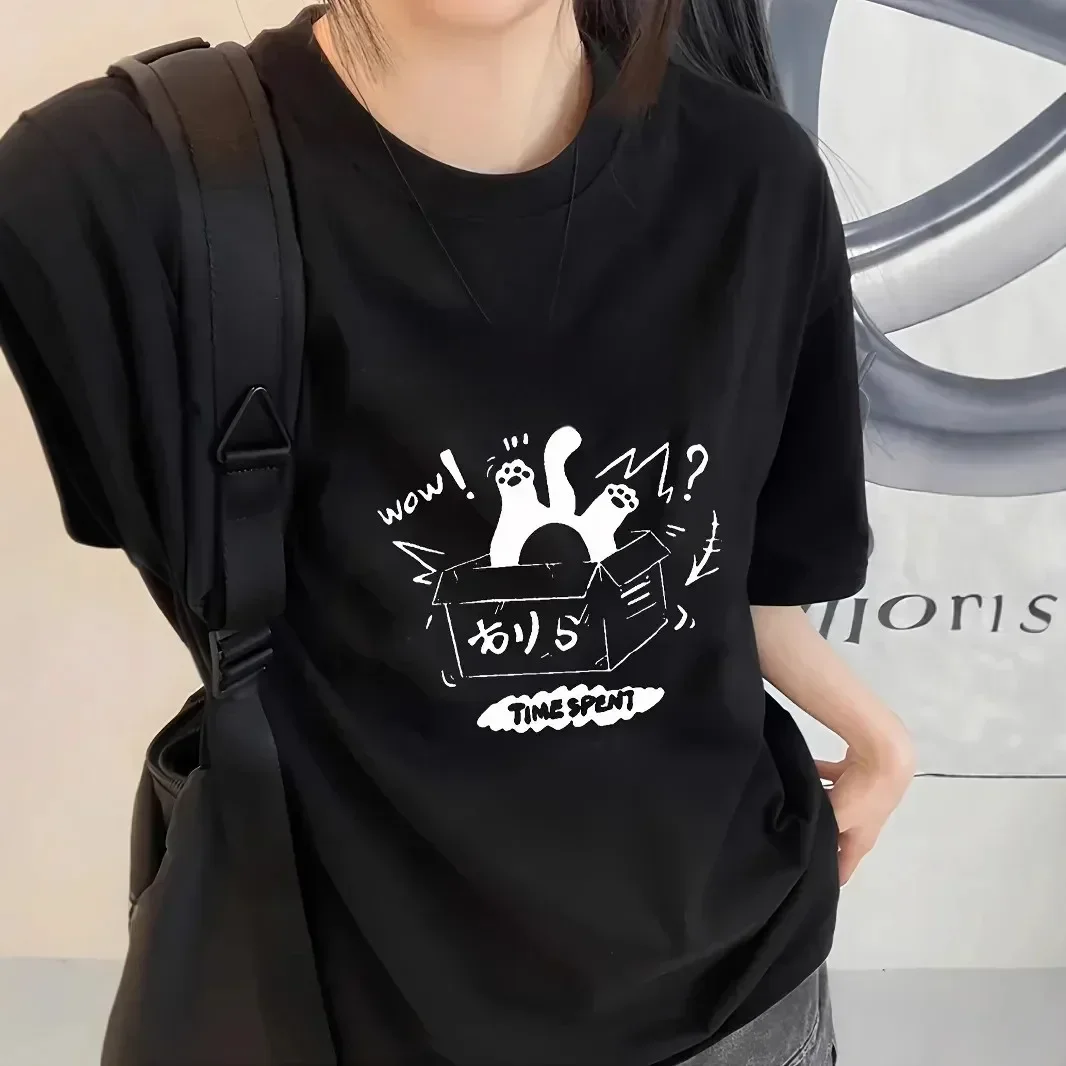 Paar Top Rundhals Grafik T Shirts Sommer Streetwear Fashion Koreanische Katze Gedruckt Kurzarm T-Shirt Frauen Ästhetische Kleidung