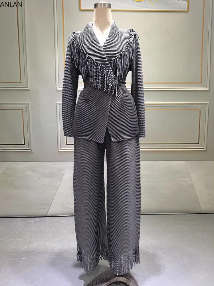 

ANLAN Fashion Women's Two Piece Sets Solid Color Tassels Sashes Top + High Waist Pants Female Set 2025 Summer New Tide 5AN8791