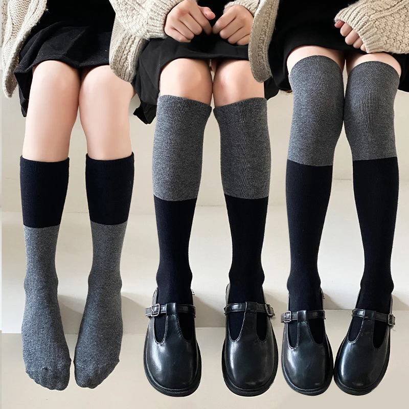 

Black Gray Patchwork Kids Long Stockings Spring Autumn Warm Girl Knee High Sock Baby Cotton Footwear 3-12Year Children Calf Sock