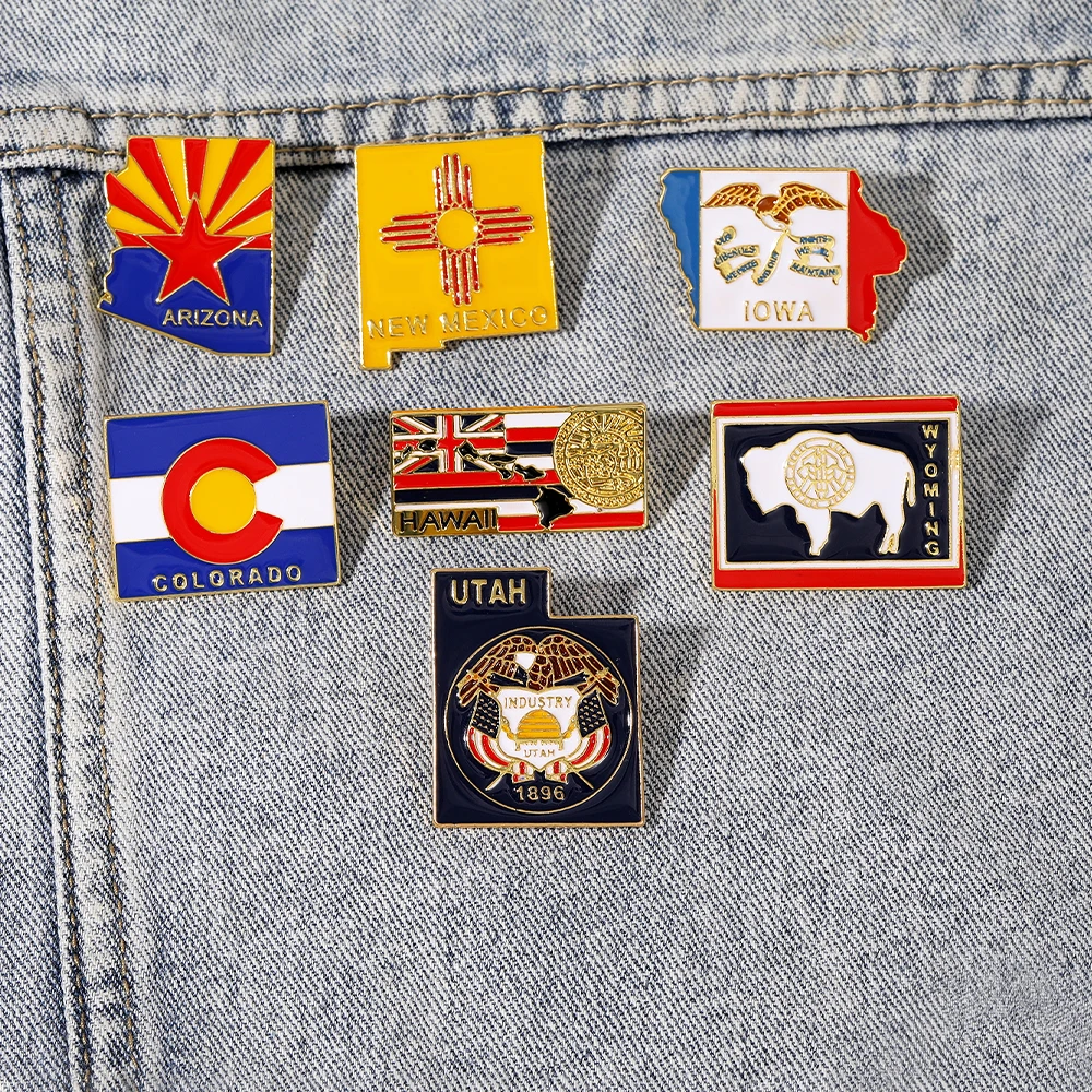 New US States Flag Enamel Brooches HAWAII NEW YORK GEORGIA COLORADO UTAH Washington Map Shaped Pins  American Badge