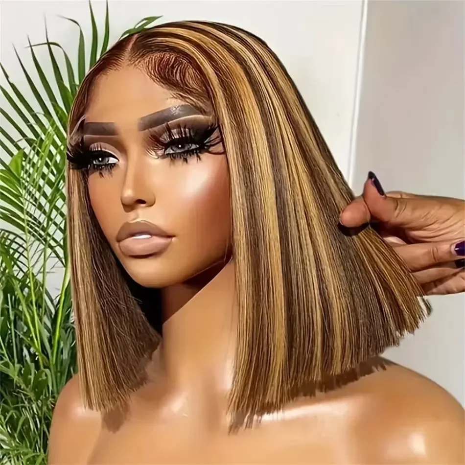 13x4 transparente Lace-Frontal-Perücke, 100 % Echthaar, 200 % Dichte, Highlight-Braun, kurzer Bob, gerade Perücken, HD-Lace-Front-Perücken, blond