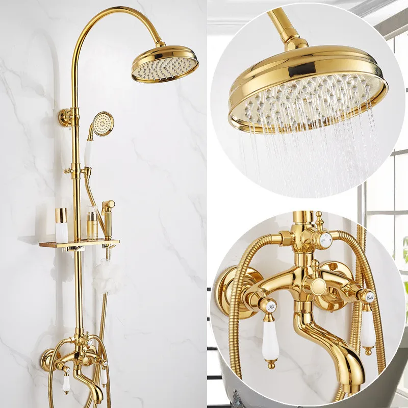 

Gold Bathroom Shower Faucet Set Jade Bathroom Rainfall Shower Mixer Tap Polished Gold Brass Bath and Shower Faucet Set