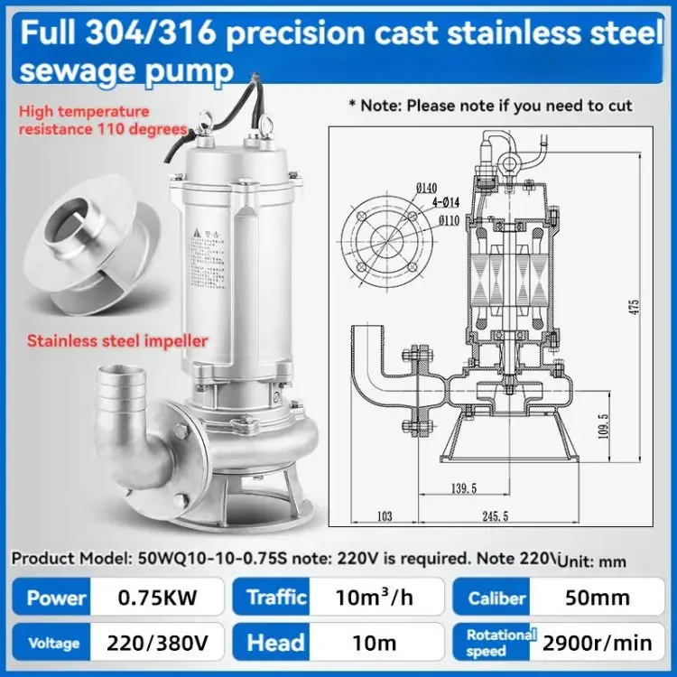 All Stainless Steel Sewage Pump Corrosion Resistance Acid and Alkali Chemical Pump 316 Cutting Non-clogging Submersible Pump