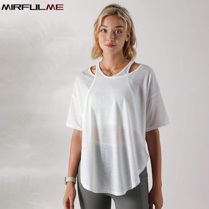 Women Loose Yoga Shirt Oversized Sport Tops Short Sleeve Running T-shirt Breathable Gym Fitness Top Fake Two Piece Blouse Female