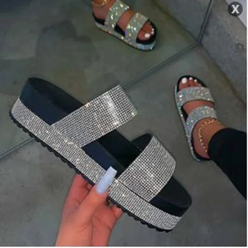 2023 New Summer Footwear Flat Crystal Rhinestone Slippers Big Size 43 Women Comfortable Sandals Platform Slide Shoes Ladies