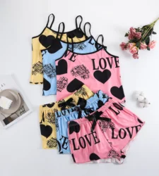 Women's 3 Sets Letter Print Cami Top and Shorts 2 Pc  Pajama Set Nightwear Casual Woman Strap Top and Shorts Sleepwear