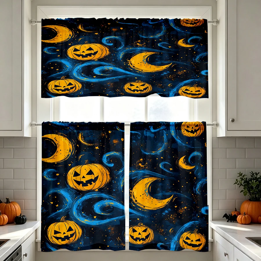 Halloween Fall Kitchen Curtains, Pumpkin Moon Swirl, Digital Print, Kitchen Dining Room, Rod Pocket Polyester, Home Decor