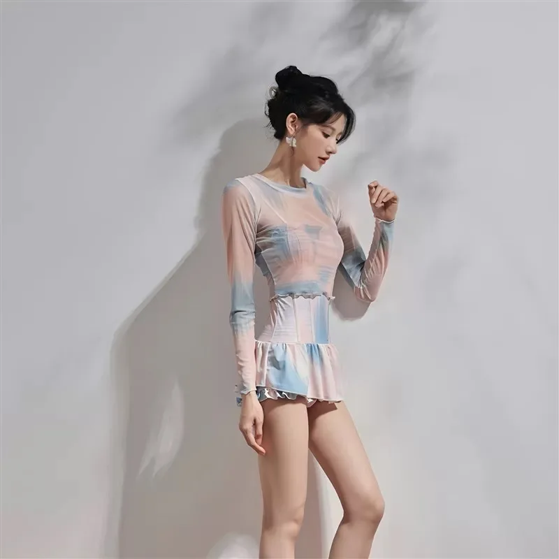 

Women New Tie Dye Pool Swim Set Top Cover Bodysuit Suit Outfit Padded Chest Lady Elegant Summer Beach Vacation Corset Skirts