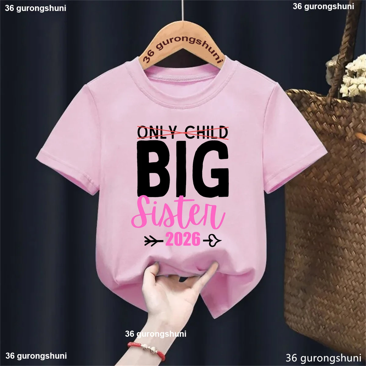 Not Only Child Big Sister 2026 Heart  Printed T Shirt Girls White/Pink/Blue T-Shirt Kids Clothes Pregnancy Announcement Shirt