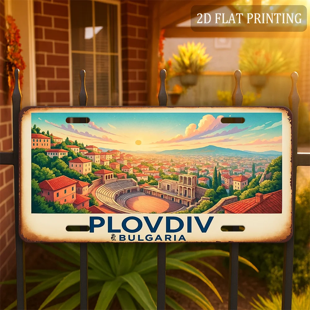 2D Flat - Plovdiv, Bulgaria Panorama Aluminum Sign | 12.0inch x 6.0inch, Vintage Illustration with Distressed Rust Edges, Decora