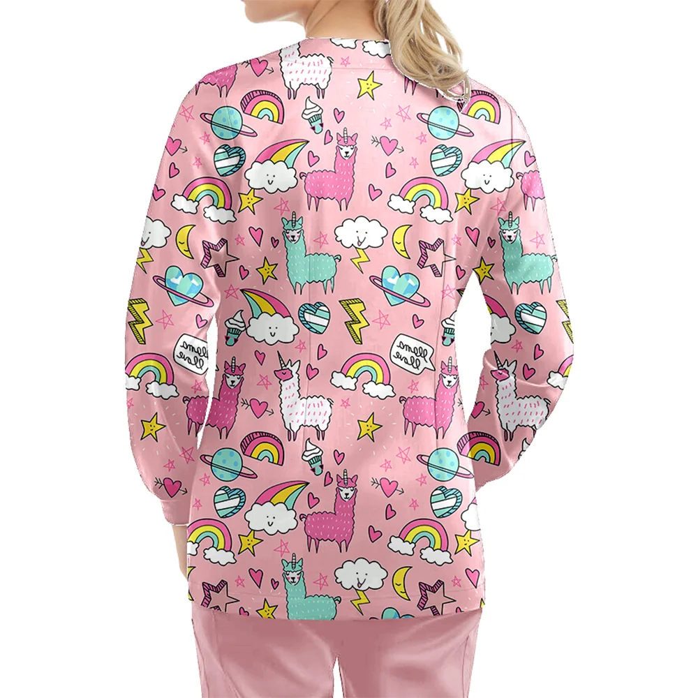 レディースカジュアル医療スクラブジャケットユニフォーム、柔らかく快適なポリエステルスパンデックス、長袖、シングルブレスト、プリント入り歯科医ジャケット