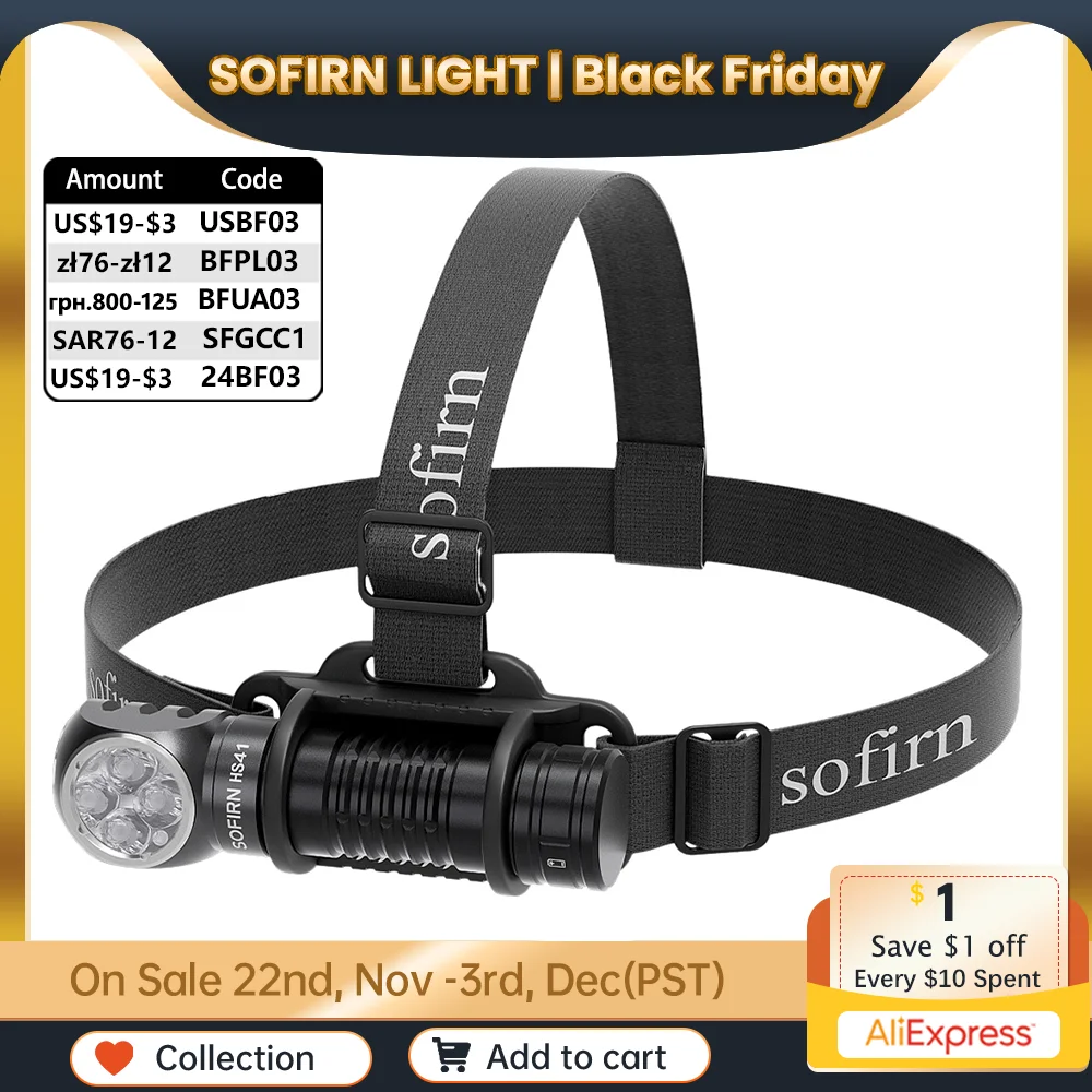 Sofirn Headlamp HS41 6500k SST20 LED  21700 USB C Rechargeable with 4000lm Powerful Torch Indicator with Magnet Tail