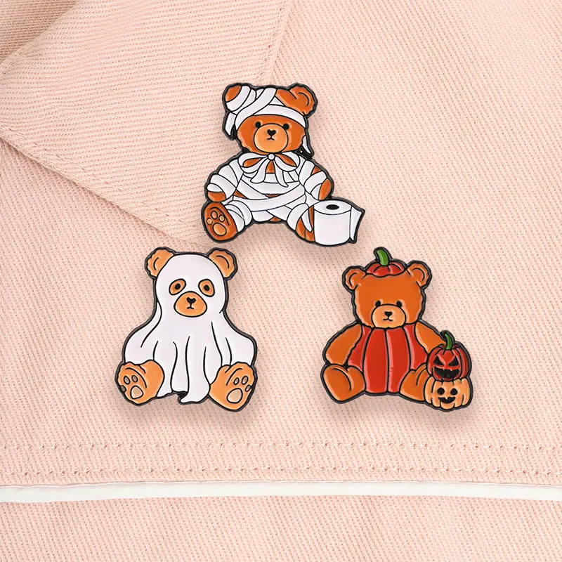 Cute Halloween Horror Bear Enamel Pins Ghost Sheet Bear Mummy Bandage Pumpkin Bear Lapel Brooch Holiday Costume Accessory view 3
