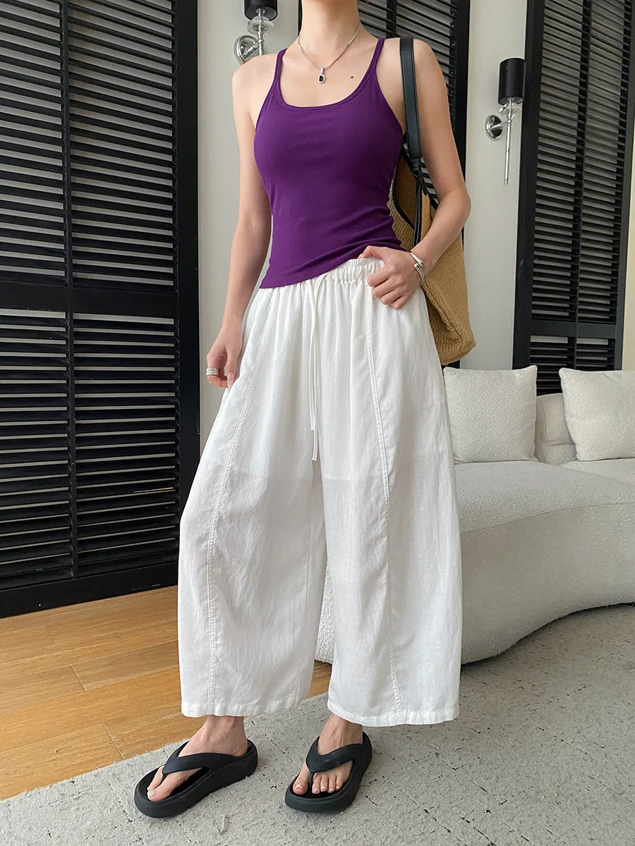 Sommerliche High-Waist-Hose mit weitem Bein für Damen, lässige, einfarbige, locker sitzende Hose – Detail 15