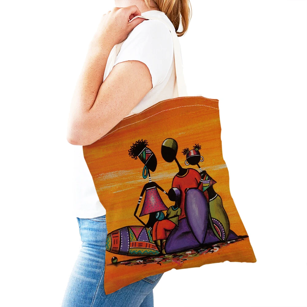 Vintage Orange African Women Shopper Bags Double Print Abstract Painting Lady Tote Handbags Eco Commuting Daily Use Shopping Bag