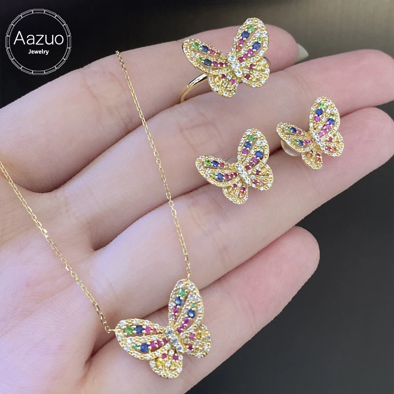 Aazuo Luxury Jewelry 18K Yellow Gold Natrual Sapphires Real Diamonds Jewelry Set Original Butterfly Gift For Women Wedding Party
