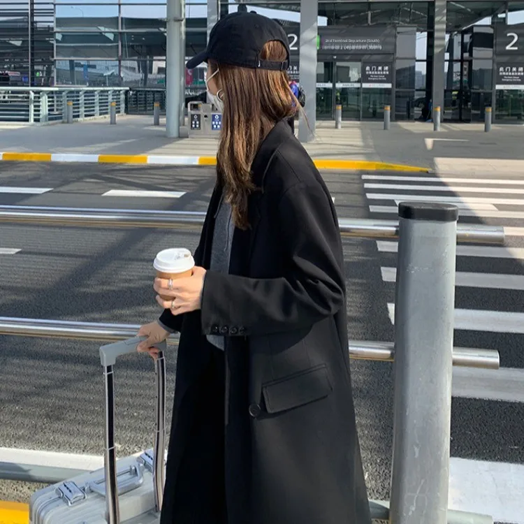 Women's Mid-Length Coat Jacket British Style Drapey Suiting Spring Autumn Fashion Outerwear Commute Loose Fit Long Sleeve